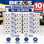 Bezos Termal POS Cihazı Rulosu 56 mm x 20 m - 100 Adet (10 Paket) Yazar Kasa Slip Rulosu DMC