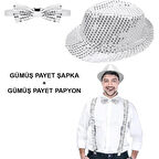 Gümüş Payetli Şapka ve Papyon Seti - Parıltılı Yetişkin Kostüm Seti
