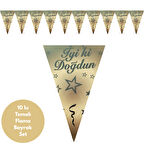 Altın Üstü Siyah Yıldızlı İyiki Doğdun Flama Bayrak Set Süs