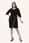 Kadın Siyah Büyük Beden Bisiklet Yaka Zincir Detaylı Elbise