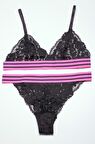 SİYAH PEMBE ÇİZGİLİ LASTİKLİ FULL DANTEL BRALET TAKIM DS20095BRT