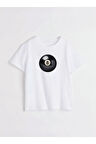 Siyah 8 Bilardo Topu Baskılı Bisiklet Yaka Basic Trend Kadın T-shirt