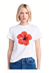 Kırmızı Hibiskus Çiçeği Baskılı Bisiklet Yaka Basic Trend Kadın T-shirt