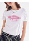 Pink Porsche Baskılı Bisiklet Yaka Basic Trend Kadın T-shirt