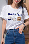 Breakfast Baskılı Bisiklet Yaka Basic Trend Kadın T-shirt
