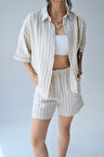 Kadın Naturel Çizgili Gömlek - Şort Keten Dokulu Takım Naturel