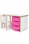 Industrial Living 3 Çekmeceli Çocuk Etkinlik Masası - Beyaz MDF - Pembe Çekmeceli