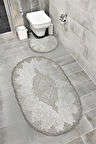 Milas Kaymaz Taban, Kadife Dantel Detaylı 2'li Süper Lüks Oval Banyo Paspası Seti Ekru