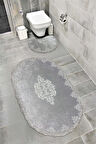 Milas Kaymaz Taban, Kadife Dantel Detaylı 2'li Süper Lüks Oval Banyo Paspası Seti 