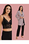 Kadın Üç Parça Dantel Detaylı Sabahlık & Büstiyer & Pijama Altı Takım D1.01.LL.02.006
