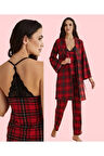 Kadın Ekose Üç Parça Kırmızı & Siyah Penye Pijama Takımı D1.01.LL.02.010