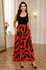 Kadın Askılı Yuvarlak Yaka üst Viskon Alt Desenli Uzun Süprem Elbise