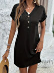 Kadın Kısa Kollu V Yakalı önden Düğmeli Viskon Iki Iplik Elbise