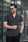 Erkek Kısa Kollu Beyaz çizgi Desenli örme Kumaş Pamuklu Gömlek