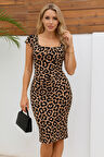 Kadın Kısa Kollu Kare Yakalı Leopar Desenli Dalgıç Elbise