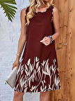 Kadın Askılı Yuvarlak Yakalı Yaprak Desenli Dalgıç Elbise
