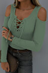 Kadın Omuzlardan Açık Uzun Kollu Bağcıklı Kaşkorse Bluz
