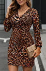 Kadın Uzun Kollu Kruvaze Yaka Leopar Desen Mikro Elbise