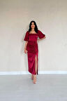 Bordo Büzgülü Saten Elbise