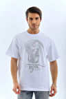 Unisex Oversize Taşlı Bisiklet Yaka T-Shirt - Beyaz