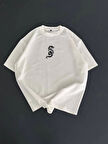 Baskılı Oversize Bisiklet Yaka T-shirt - Beyaz