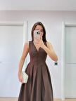 V Yaka Uzun Kolsuz Elbise- Kahverengi