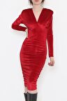 Yanı Büzgülü Kadife Elbise Bordo - 2985.1595.