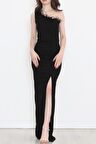 Tek Omuzlu Tüylü Detaylı Uzun Elbise Siyah - 582851.1592.