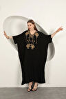 Viskon Kumaş Nakışlı Elbise-Siyah