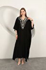 Viskon Kumaş Nakışlı Elbise-Siyah