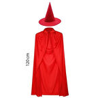 Dodes Yetişkin Boy Kırmızı Yakalı Pelerin ve Kırmızı Cadı Şapkası