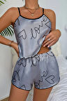 Dodes Love Baskılı Gri Saten Şortlu Gecelik Takım