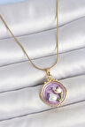 Dodes 316L Çelik Gold Renk Zincir Mor Mineli İncili Çiçek İşlemeli Portre Model Kadın Kolye TG27BKO10156