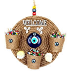 Dodes Üç Saksılı Welcome Yazılı Deniz Kabuklu Nazar Boncuklu Hasır Kapı Süsü