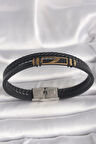 Dodes 316L Çelik Gold Renk Kanat Aksesuarlı Siyah Burgu Model Deri Kordon Erkek Bileklik TG27EB3703