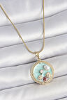 Dodes Dodes 316L Çelik Gold Renk Zincir Mavi Mineli İnci Çiçek İşlemeli Zirkon Taş Detaylı Madalyon Model Kadın Kolye TG27BKO10174