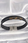 Dodes Dodes 316L Çelik Gold Renk Kanat Aksesuarlı Siyah Burgu Model Deri Kordon Erkek Bileklik TG27EB3703