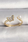 Dodes Dodes Pirinç Gold Renk Zirkon Taş Detaylı Beyaz Mineli Kelebek Model İnci Detay Ayarlanabilir Yüzük TG27BYK3523