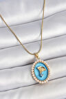 Dodes Dodes 316L Çelik Gold Renk Zincir Mavi Mineli İncili Zirkon Taşlı Çiçek İşlemeli Portre Model Kadın Kolye TG27BKO10196