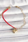 Dodes Dodes 316L Çelik Gold Renk Zincir Kırmızı İp Model Sallantı Kalp Figür İşleme Detaylı Kadın Bileklik TG27BB6868