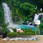 Orman ve Şelale Manzaralı Duvar Kağıdı Baskı