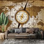 Dünya Haritası Zeminli Pusula Duvar Kağıdı Baskı