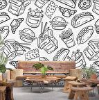 Fast-Food Desenli Cafe Duvar Kağıdı Baskı