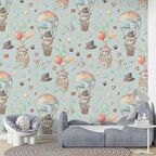 Ayıcık ve Balon Desenli Bebek Odası Duvar Kağıdı Baskı