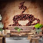 Kahve Çekirdekli Fincan Desenli Cafe Duvar Kağıdı Baskı