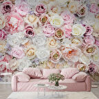 Pembe Beyaz Gül Desenli Duvar Kağıdı