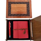 Ahşap Kutulu Kırmızı Deri Defter Metal Kalem Set
