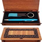 Ahşap Kutulu Kalem Anahtarlık Mavi Set Dekoratif Hediyelik