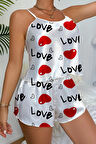 Love Desenli Beyaz Saten Şortlu Gecelik Takım