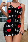 Love Desenli Siyah Saten Gecelik